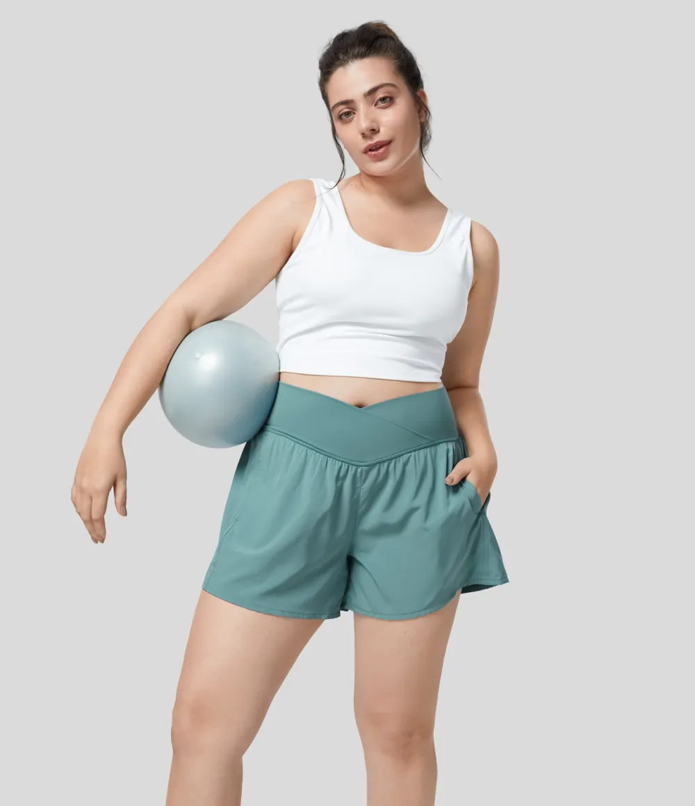 Breezeful High Waisted Crossover Side Pocket Plus Size 2-in-1 Quick Dry Yoga Shorts 4.5