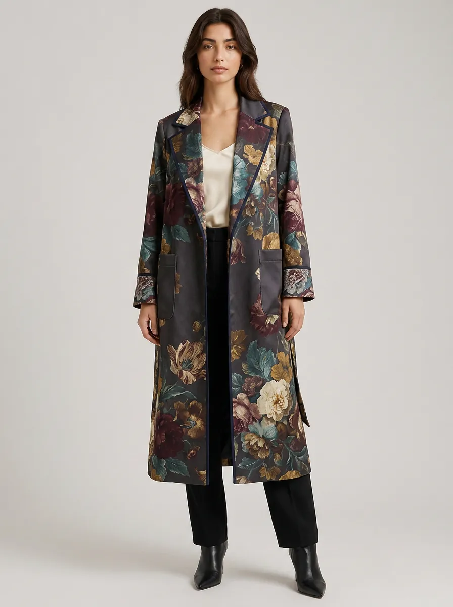 Women's Vintage Floral Pattern Longline Trench Coat