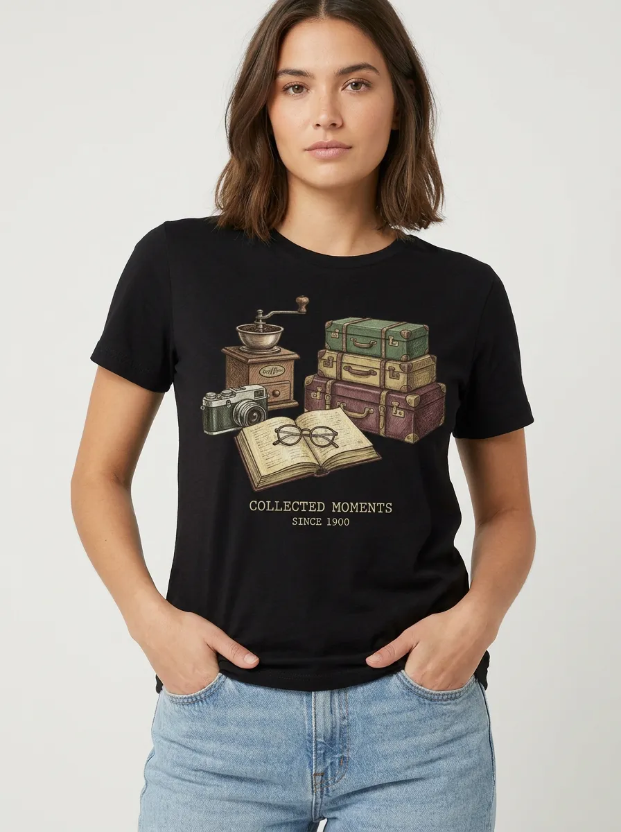 Women's Travel-Inspired Vintage Suitcase Camera Book Printed T-Shirt
