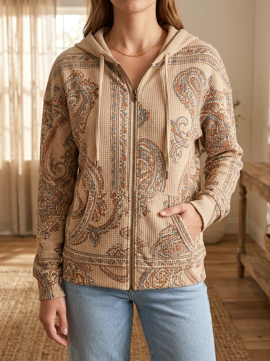 Women's Boho Paisley Waffle Knit Printed Zip-Up Hoodie