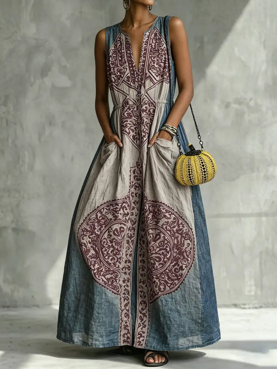 Pleated Sleeveless Neck Maxi Dress