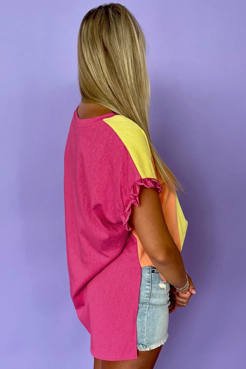 Rose Red Block Ruffled Crew Tee