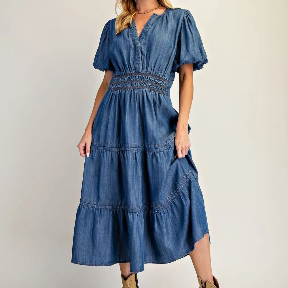 Denim Tiered Puff Sleeve Dress