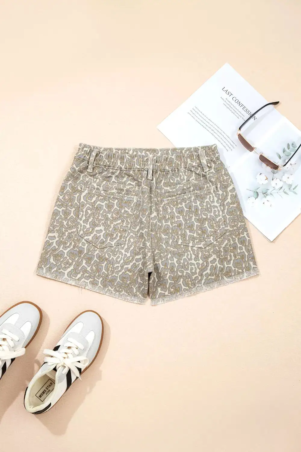 Refined Raw Edge Leopard Print Denim Shorts