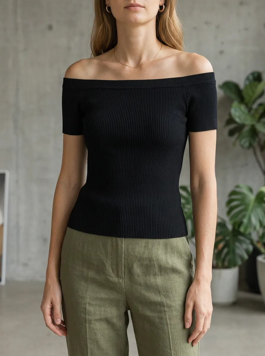 Women's Casual Minimalist Black Ribbed Off-Shoulder Top