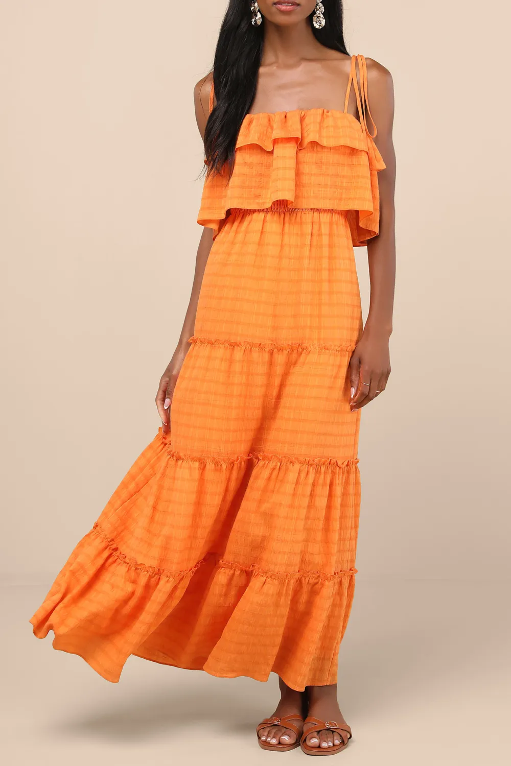 Casual Style Textured Tie-Strap Tiered Maxi Dress