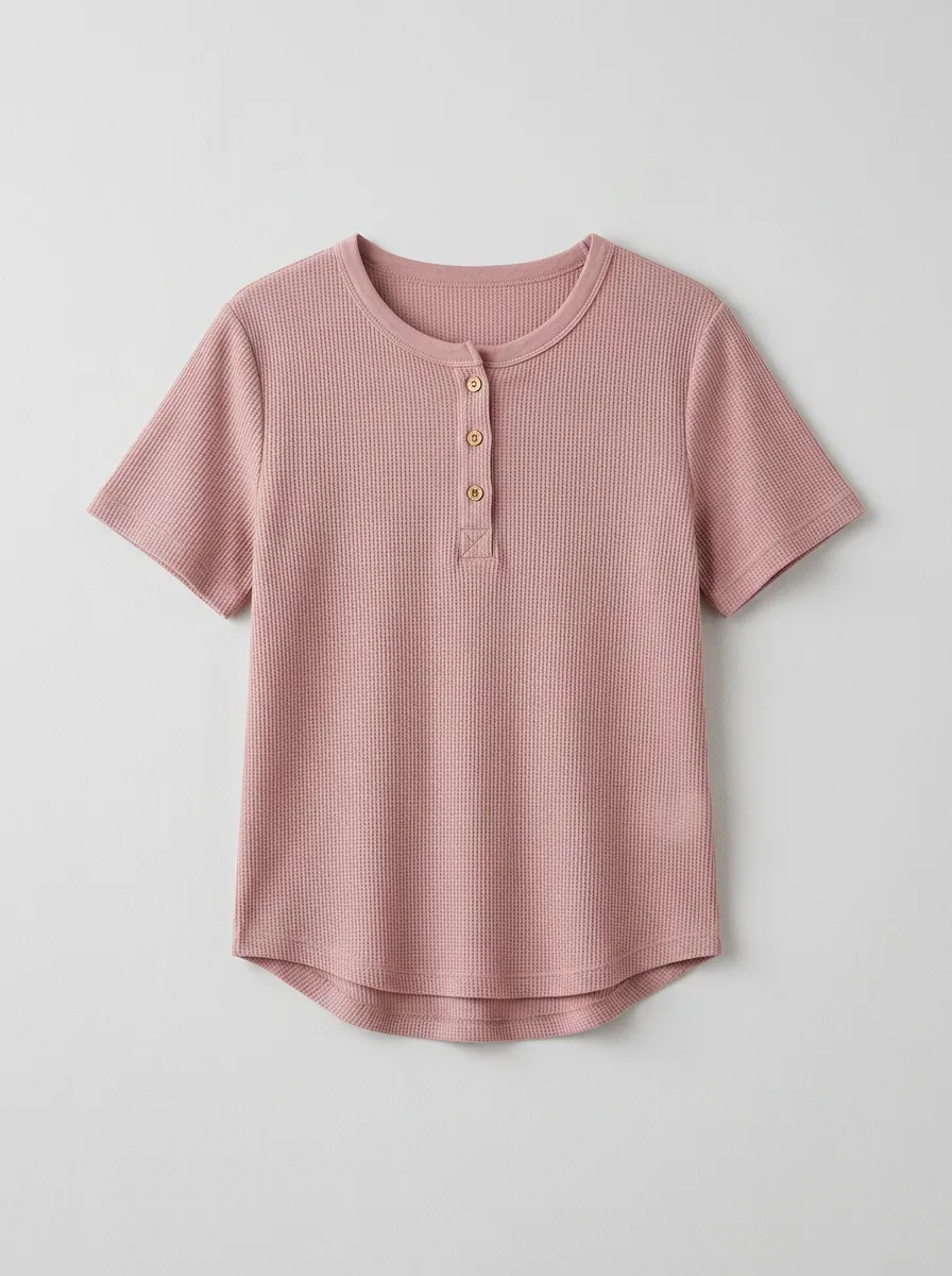 Women's Pink Waffle Knit Button Down Henley Top