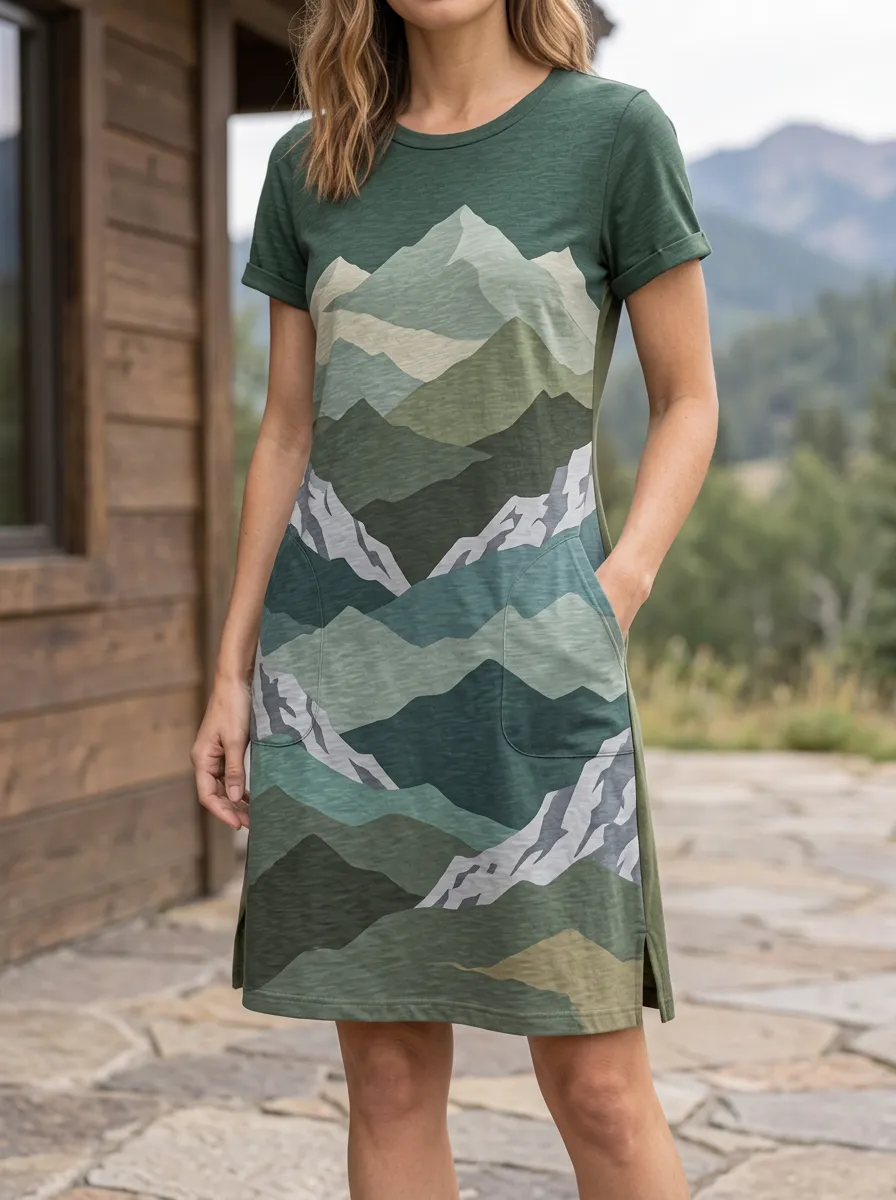 Women's Nature Lover Green Mountain Landscape Printed Dress