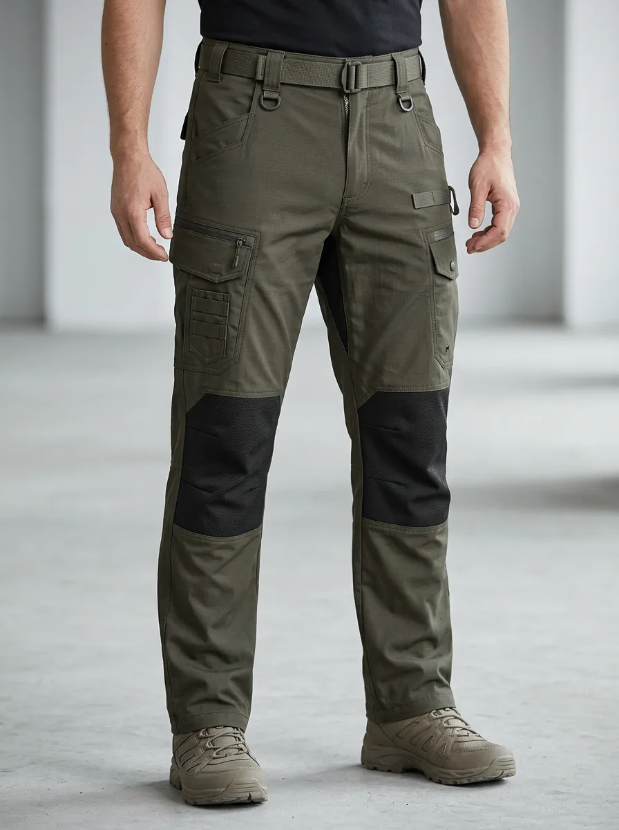 Men's Tactical Integrated-Belt Adjustable-Belt Webbing-Belt Cargo-Pocket Contrast-Panel Utility-Loops Cargo Pants