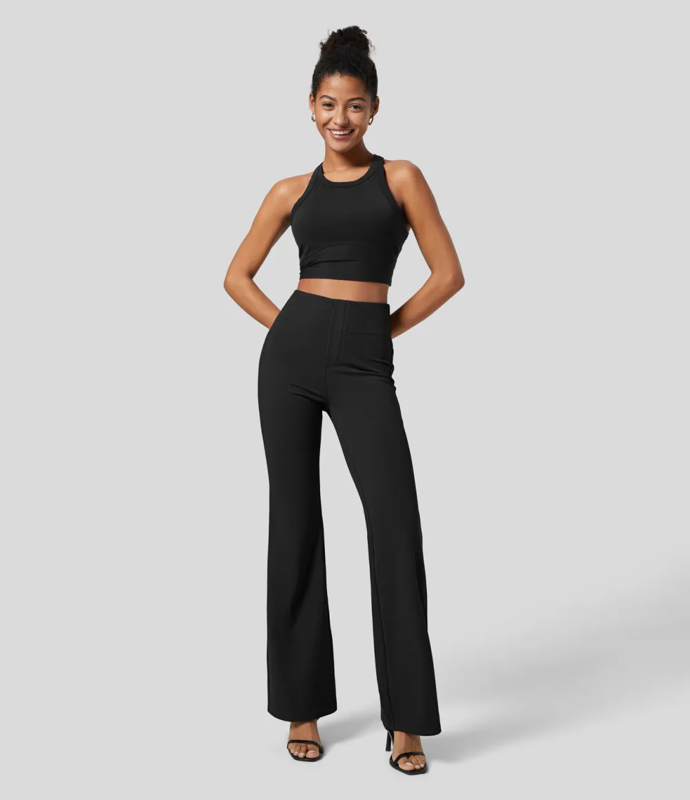 High Waisted Back Side Pocket Slight Flare Work Pants