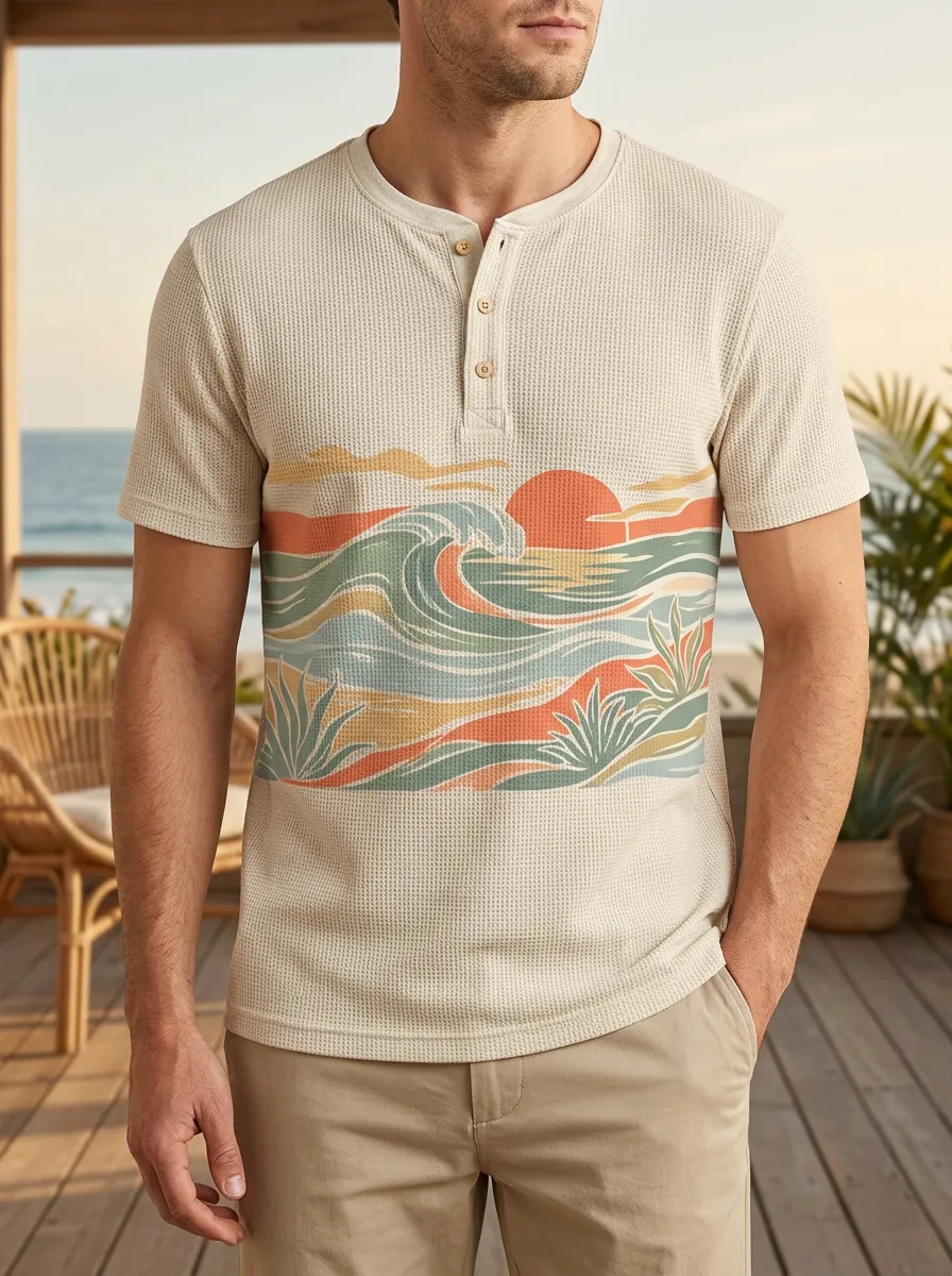 Men's Beach Lover Retro Ocean Wave Sunset Printed Henley T-shirt