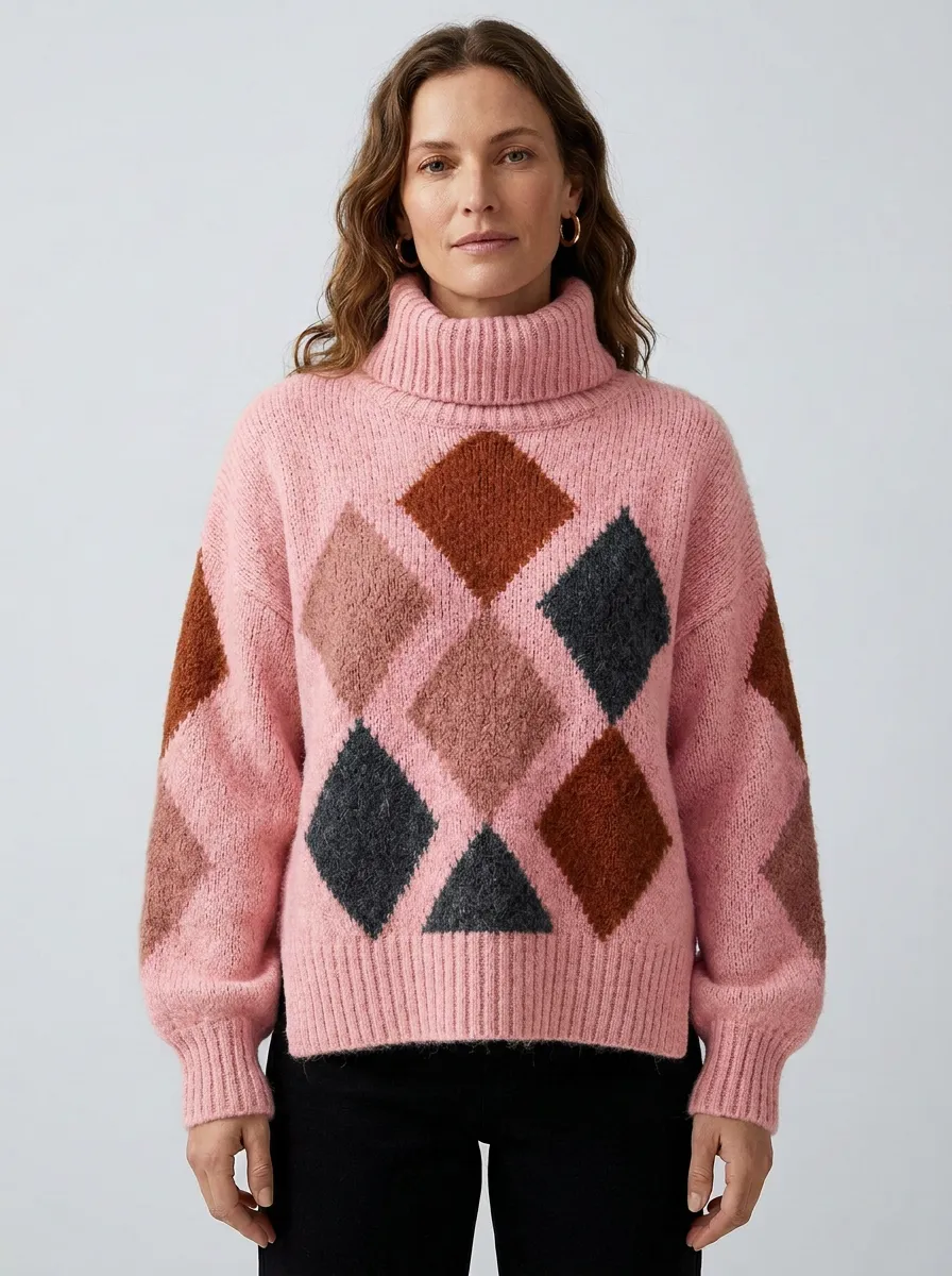 Women's Vintage Style Argyle Pattern Knitted Turtleneck Sweater