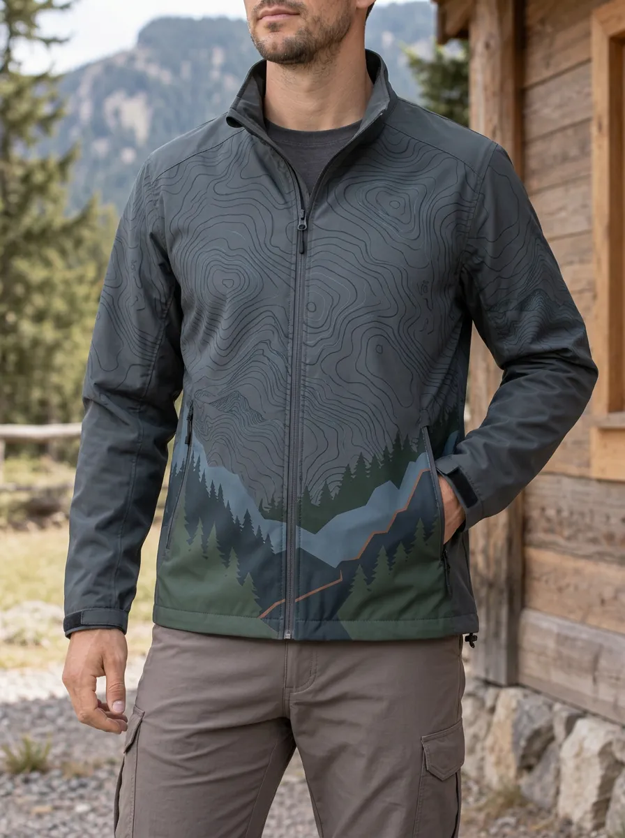 Men's Outdoor Hiking Topographic Mountain Forest Printed Jacket