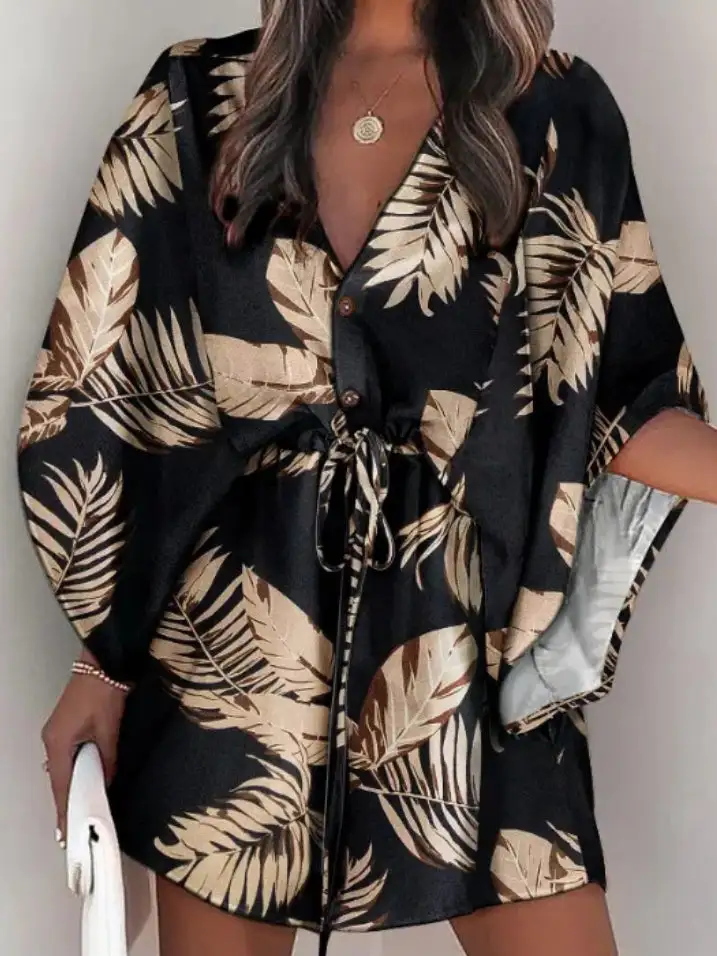 Original Relaxed Leaf Printed Contrast Color Tied Buttoned Mini Shirt Dress