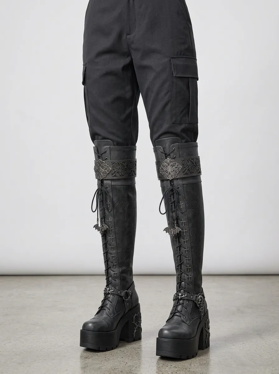 Occult-Inspired Skull Bat Rose Street Look Women's Gothic Platform Boots