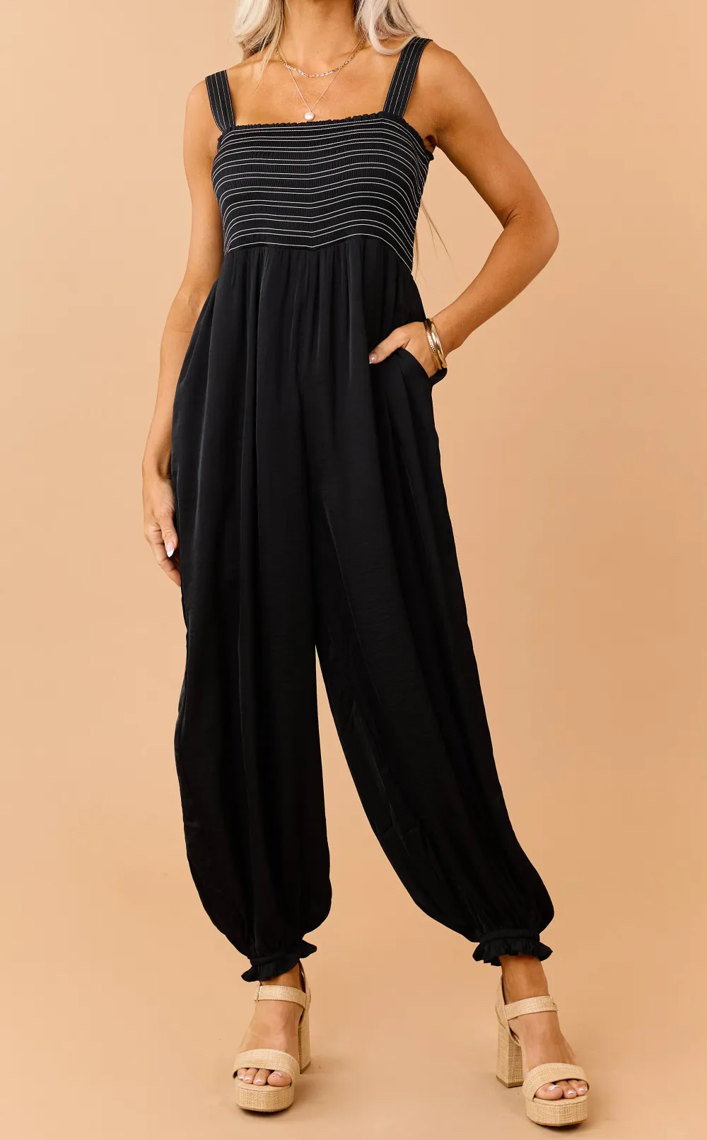 Contrast Stitch Smocked Bodice Jumpsuit Collection