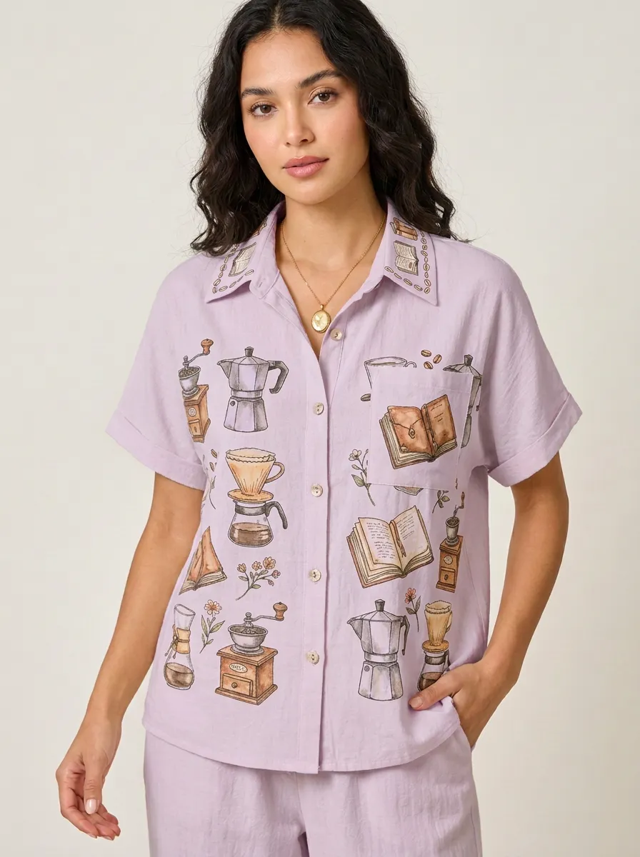 Women's Coffee Book Coffee Maker Graphic Button-up Shirt Tank Top