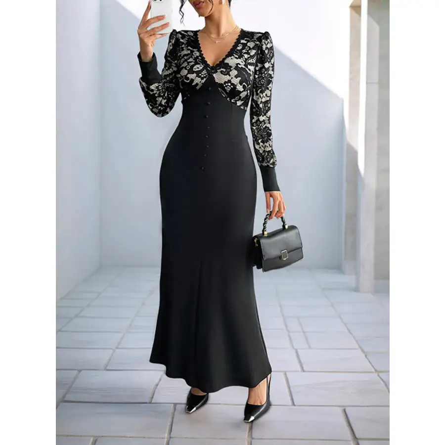 Lace V Neck Long Sleeve Maxi Dress