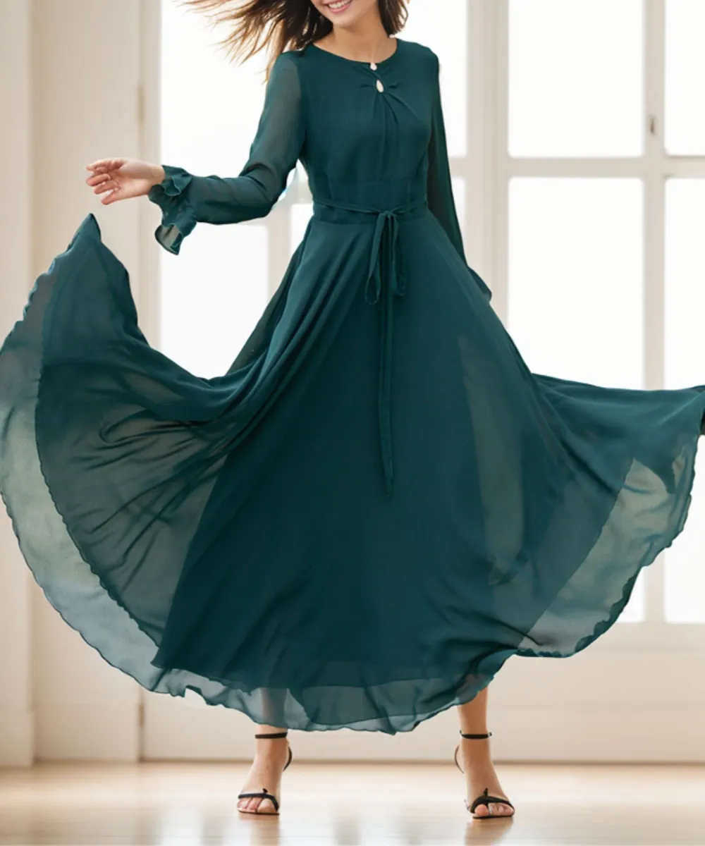 Refined Chiffon Fit And Flare Ruffle Long Sleeve Maxi Dress