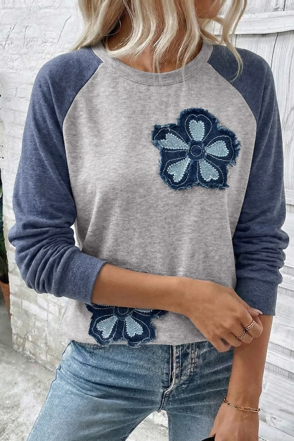 Dark Blue Block Flower Embroidered Top