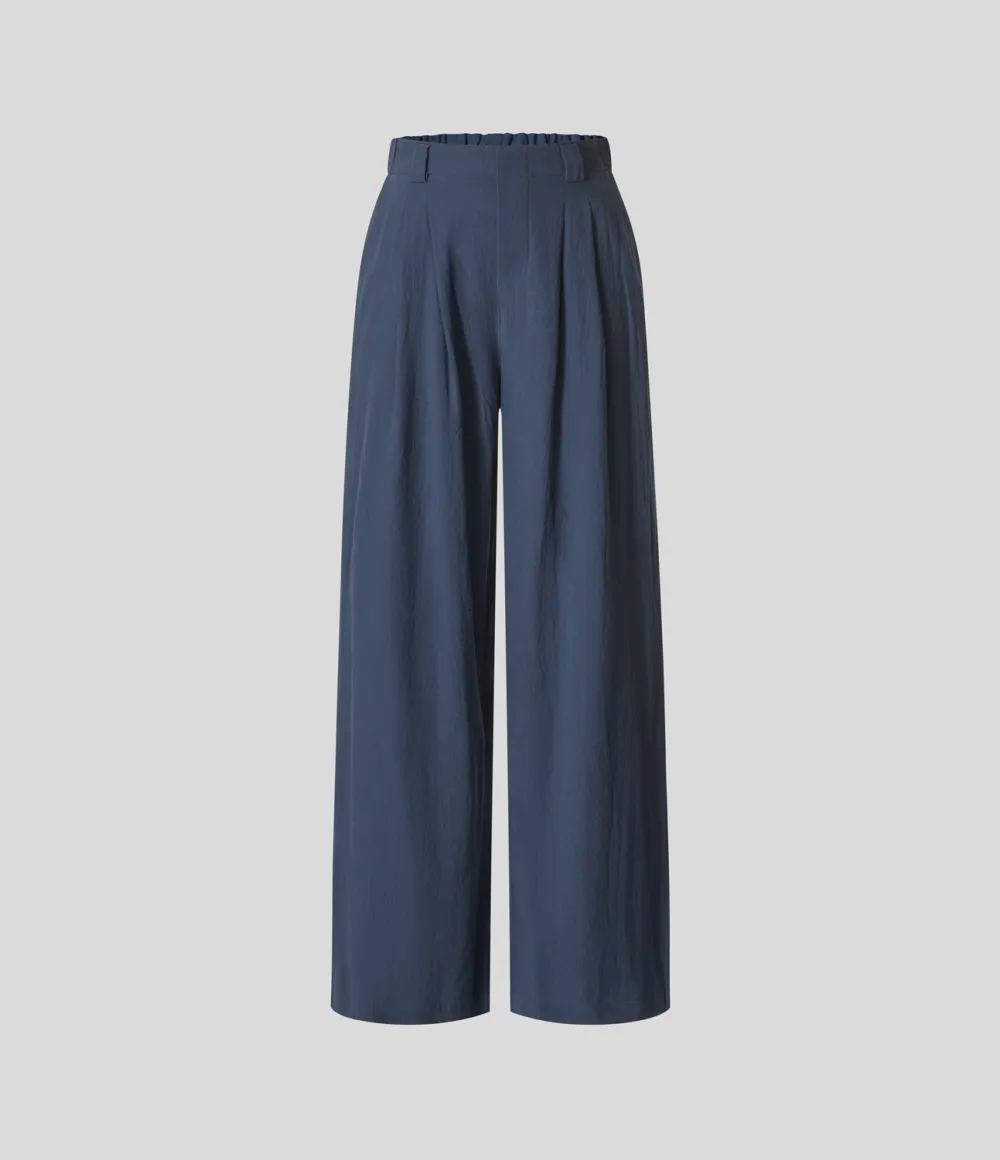 High Waisted Plicated Side Pocket Wide Leg Flowy Solid Palazzo Casual Linen-Feel Pants