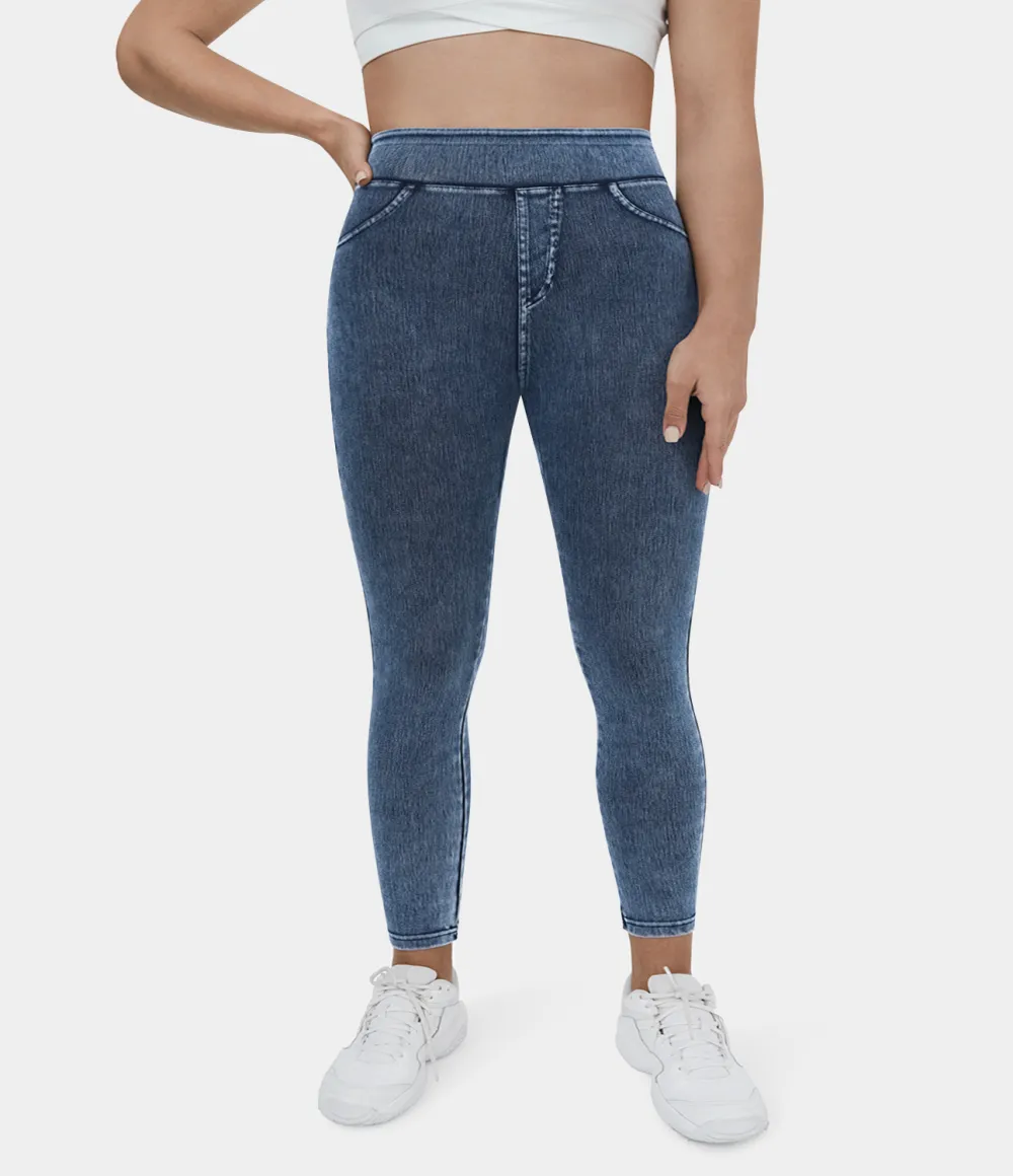 Magic High Waisted Back Side Pocket Stretchy Knit Denim Plus Size Casual Leggings