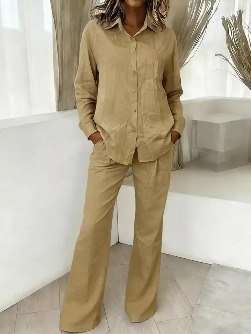 Shirt and Loose Wide-Leg Pants Suit