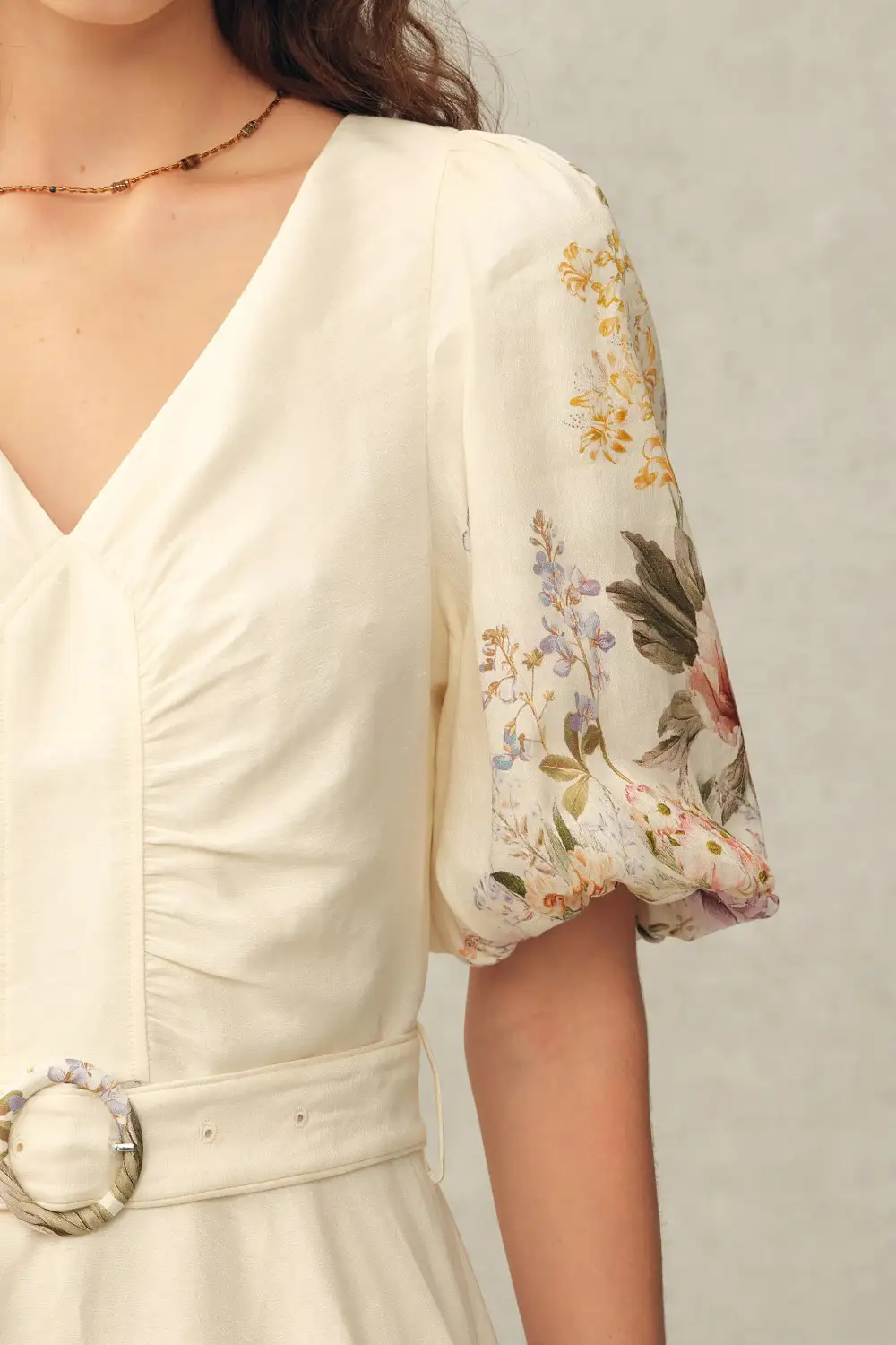 Puff Sleeve Belted Hand-Painted Floral Silk Linen Blend Mini Dress