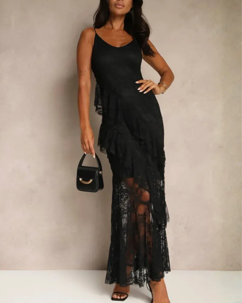 Ruffled Lace Trim Maxi Dress