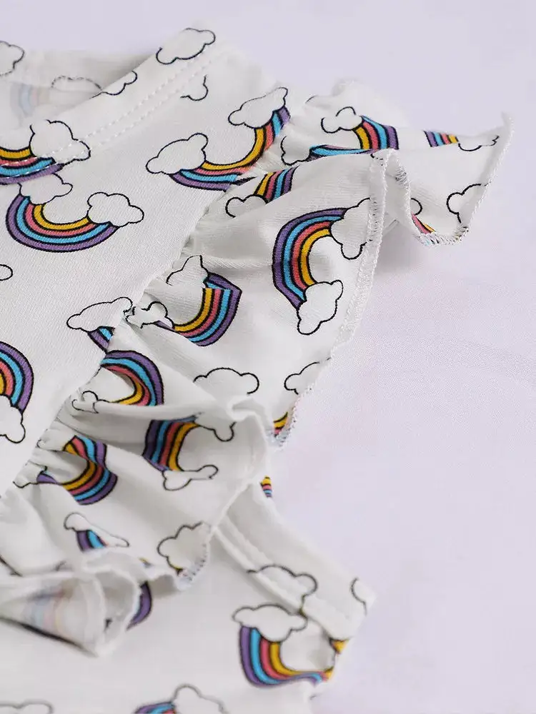 Girls Rainbow Print Ruffle Sleeve Dress
