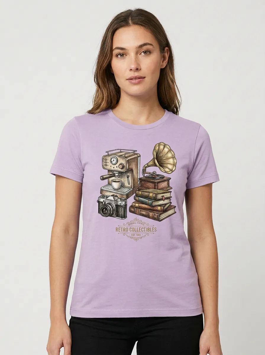 Women's Retro Hobbyist Coffee Camera Gramophone Books Graphic T-Shirt