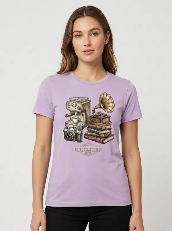 Women's Retro Hobbyist Coffee Camera Gramophone Books Graphic T-Shirt