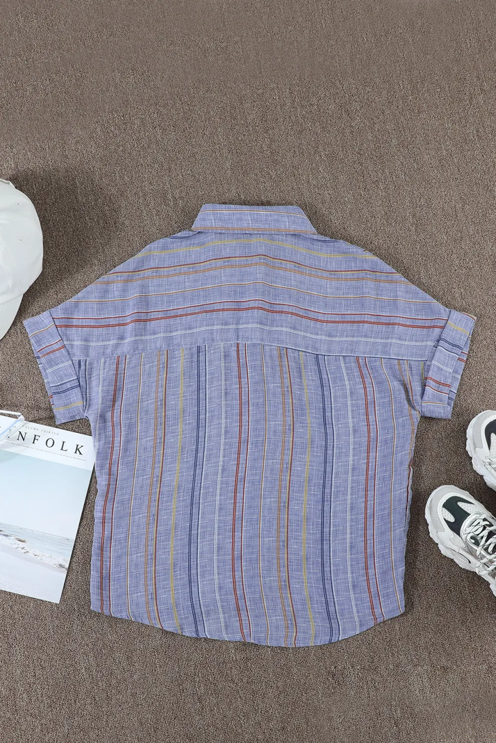 V Neck Stripes Roll Up Shirt
