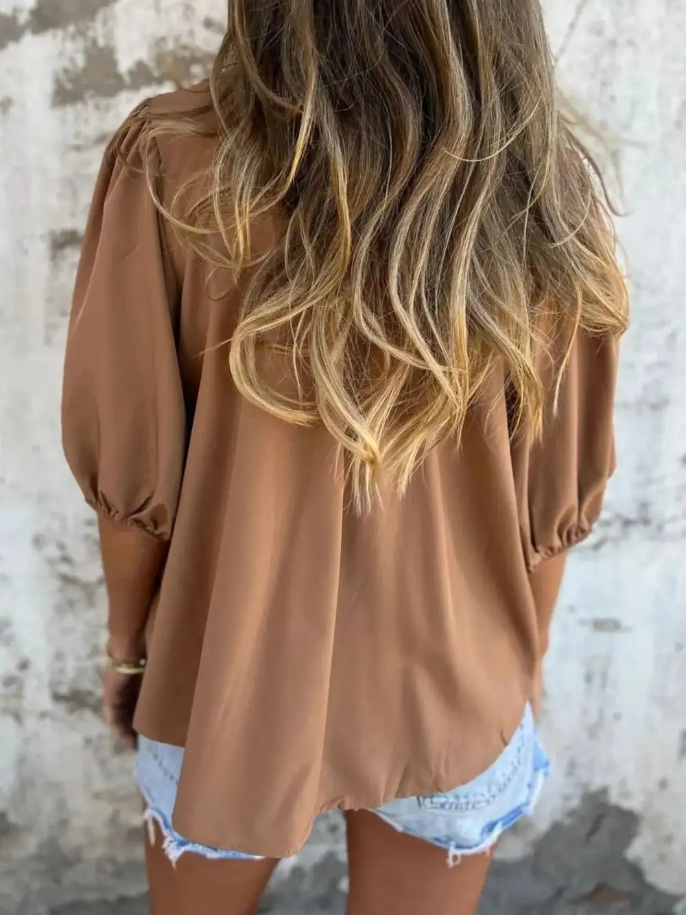 Smocked Puff-Sleeve Buttoned Blouse