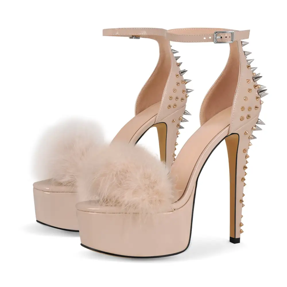 Fur Platform Rivet Ankle Strap Stiletto Sandals