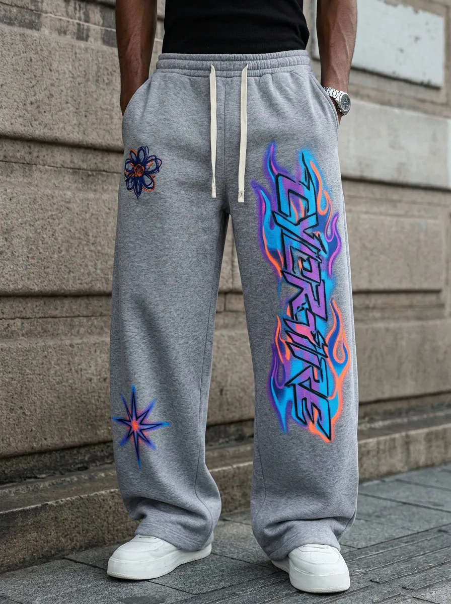 Men's Streetwear Graffiti Flame Flower Printed Sweatpants