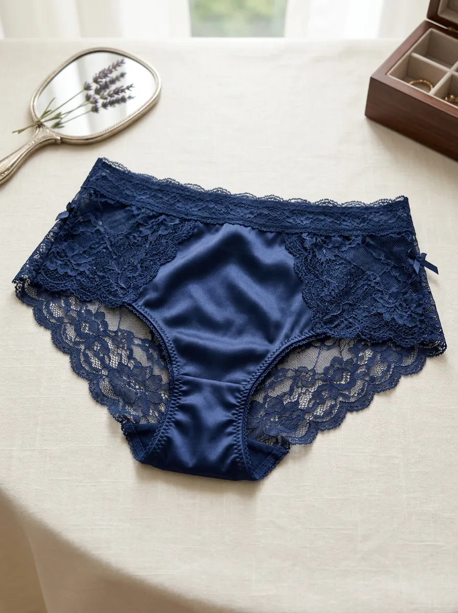Women's Navy Blue Floral Lace Satin Trimmed Panties
