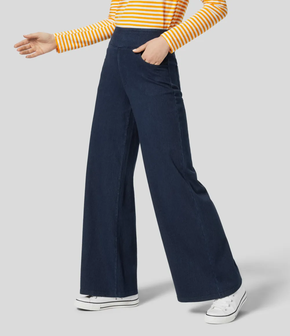 Magic High Waisted Multiple Pockets Wide Leg Stretchy Knit Casual Thermal Jeans