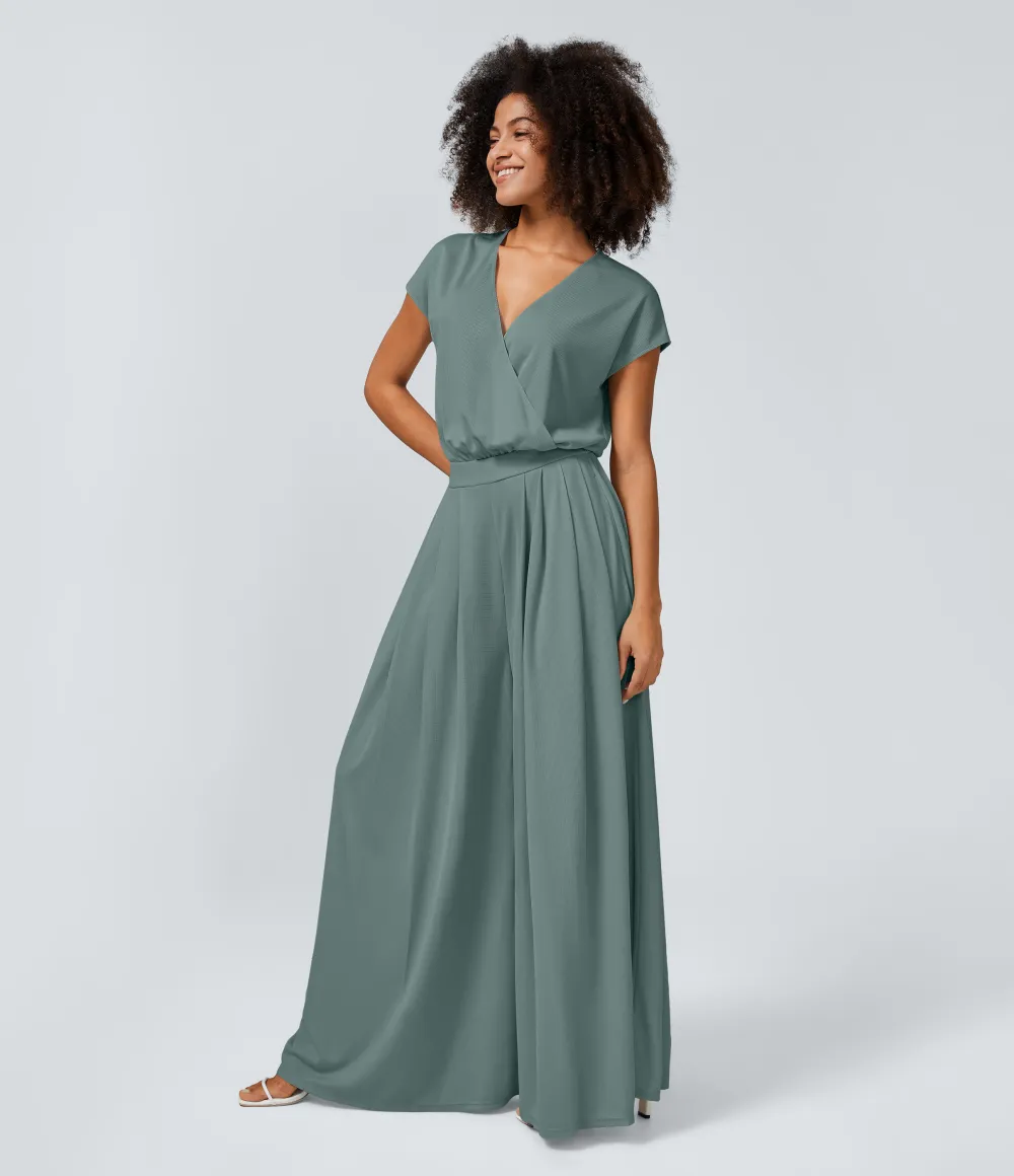 V Neck Short Sleeve Side Pocket Wide Leg Flowy Waffle Casual Jumpsuit