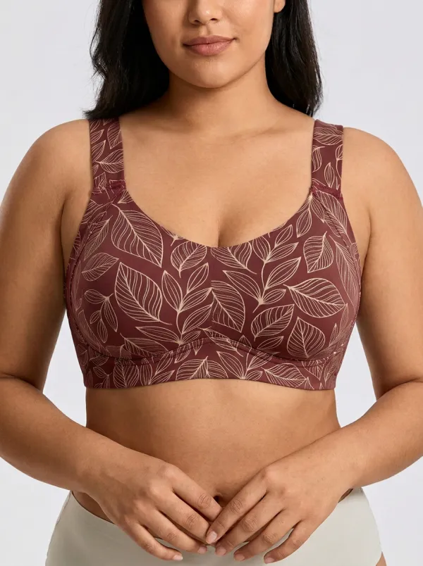 Women's Plus Size Sage Green Botanical Leaf Full-Coverage Wide-Strap Wireless Bra