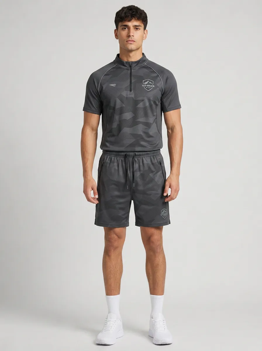 Men's Outdoor Sports Camo Printed Quarter-Zip Shirt and Shorts Set