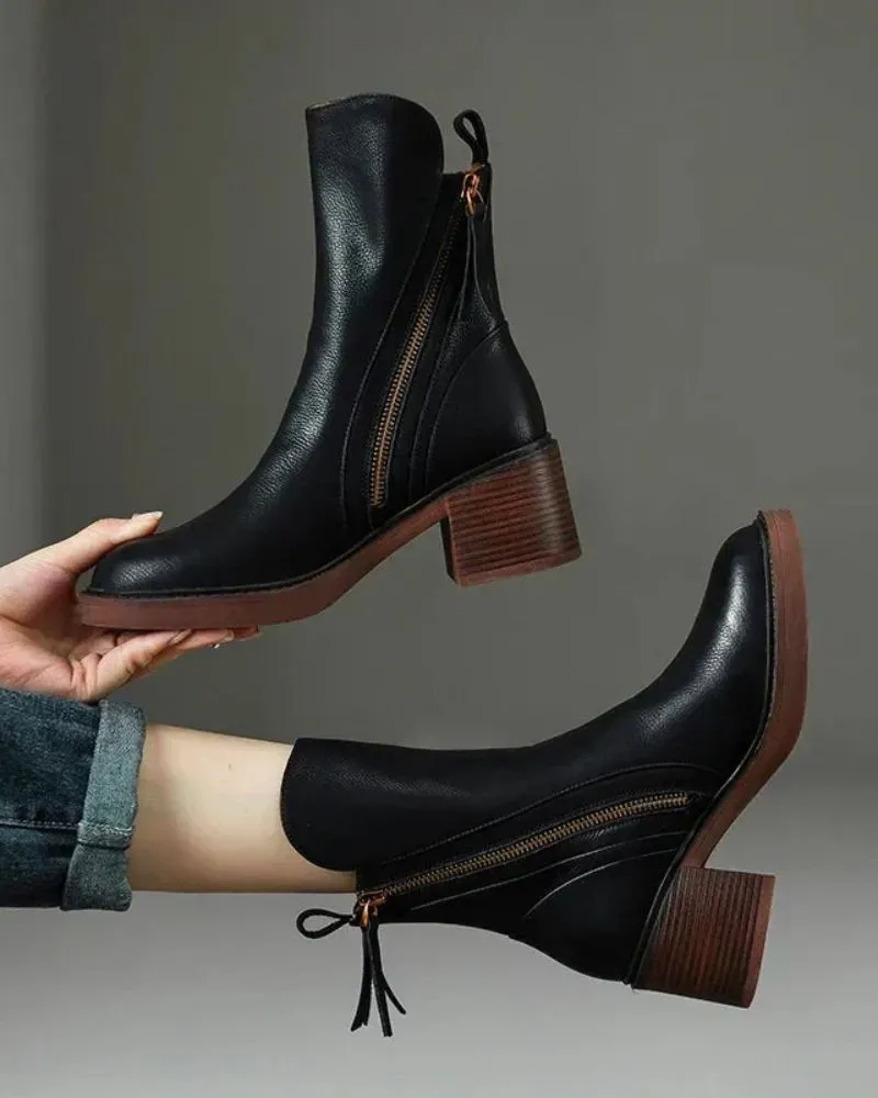 Leather Ankle Boots Side Zip Block Heel