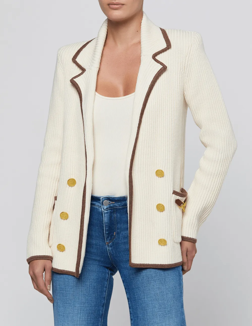 Wool Silk-Blend Ribbed Contrast-Trim Knit Jacket