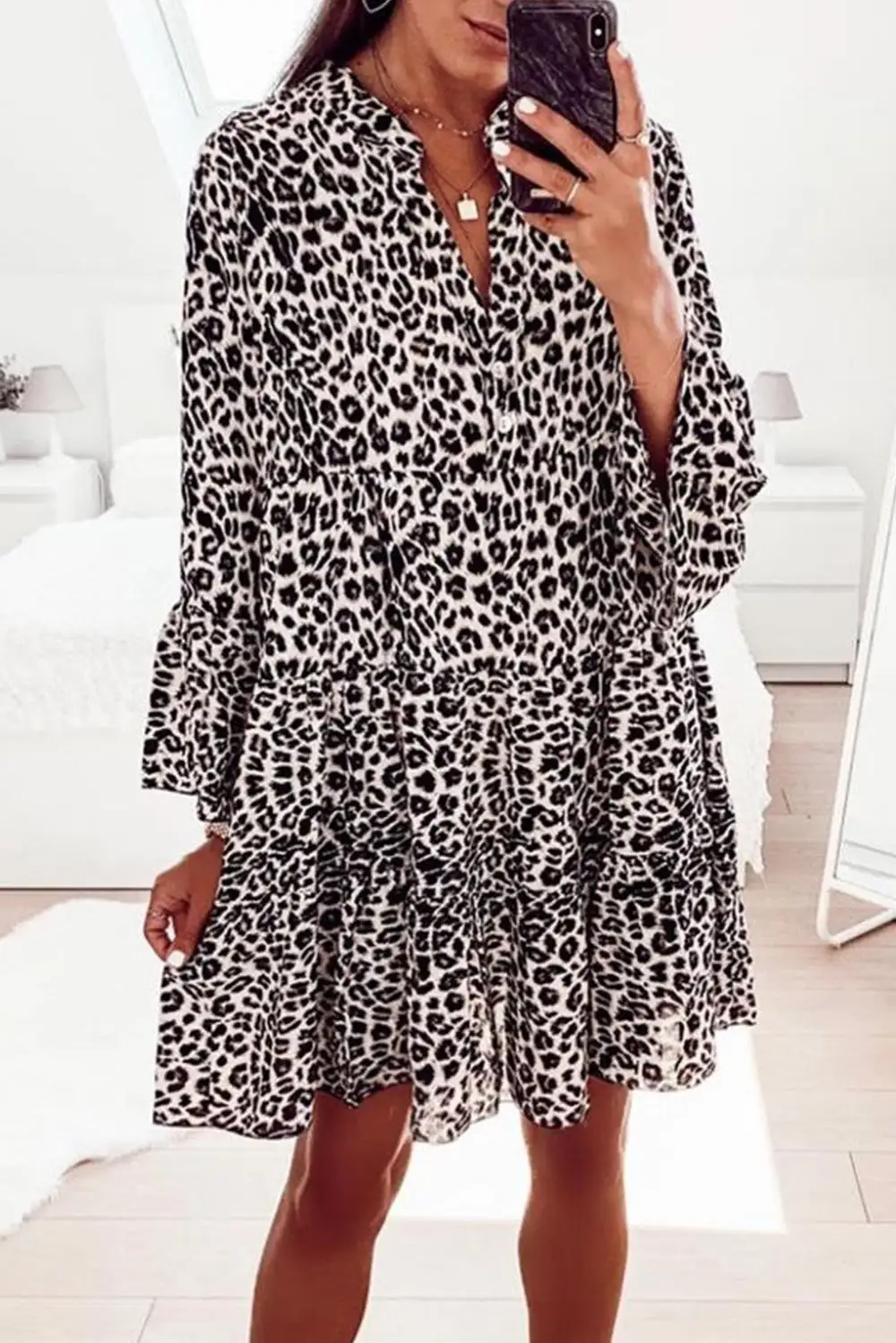 Print V Neck Ruffle Swing Mini Dress