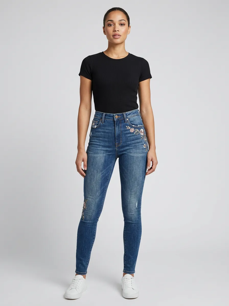 Women's Field Floral Embroidery Distressed Printed Slim Jeans