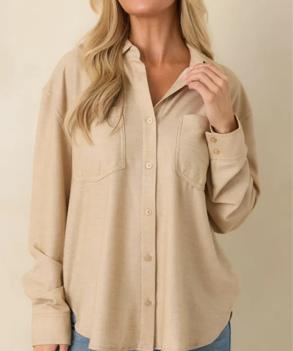 Button-Up Long-Sleeve Collared Cotton-Blend Top