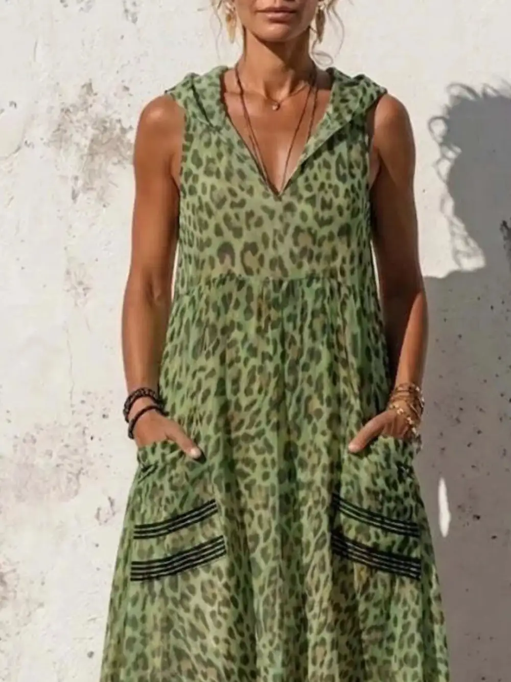 Sleeveless Hooded Leopard Print Maxi Dress With Pockets