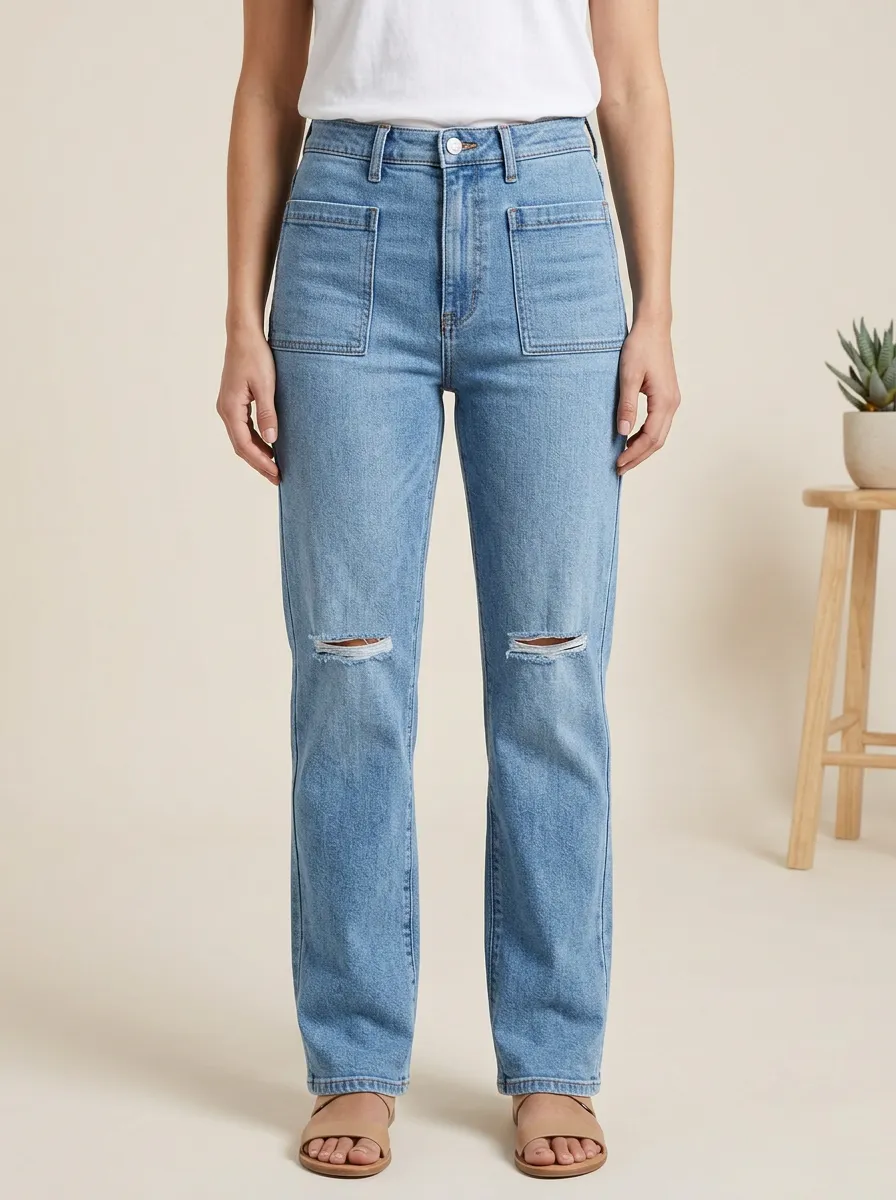 Women's Front Patch-Pocket Knee-Slit Distressed High-Rise Straight-Leg Jeans
