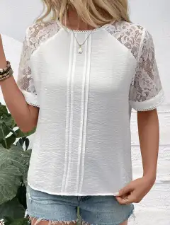 Crew Neck Lace Trimmed Pullover Blouse