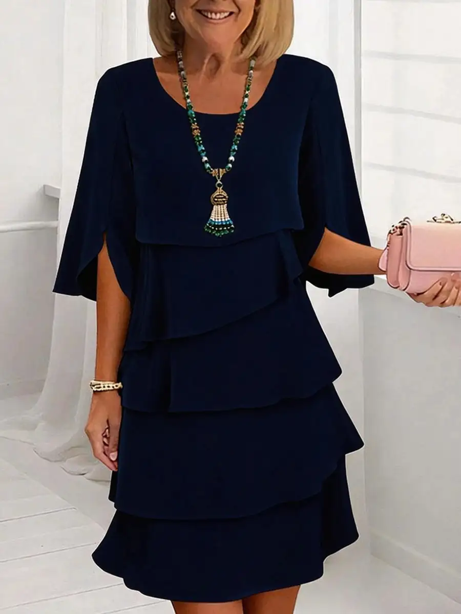 Half Sleeve Relaxed Layered Ruffle Solid Color Split Joint Round Neck